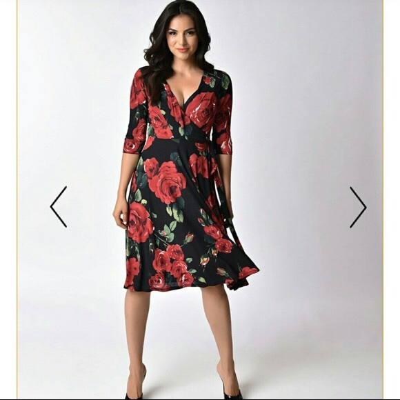 Unique Vintage Dresses & Skirts - Medium unique vintage red rose wrap dress